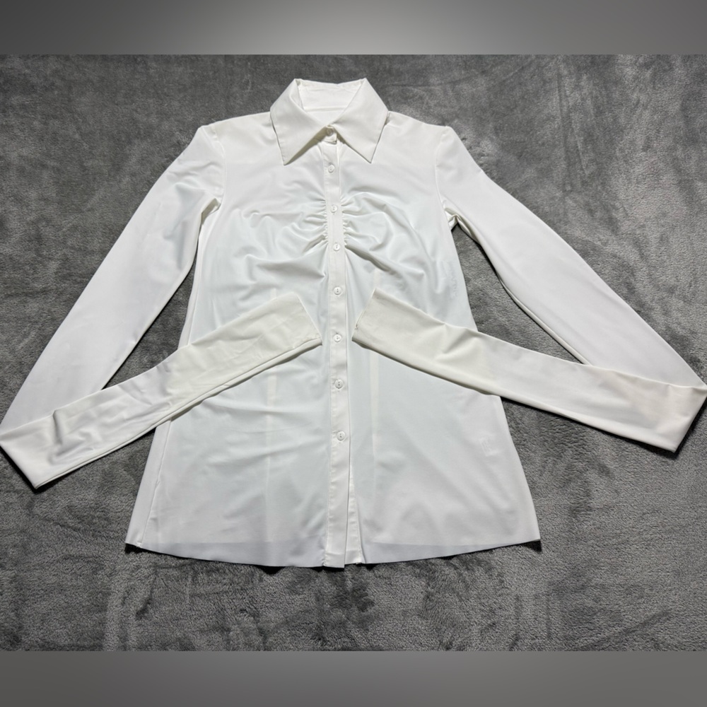 Maria Pinto Blouse Womens XS White Button Up Collar Ruched Extra Long Sleeve